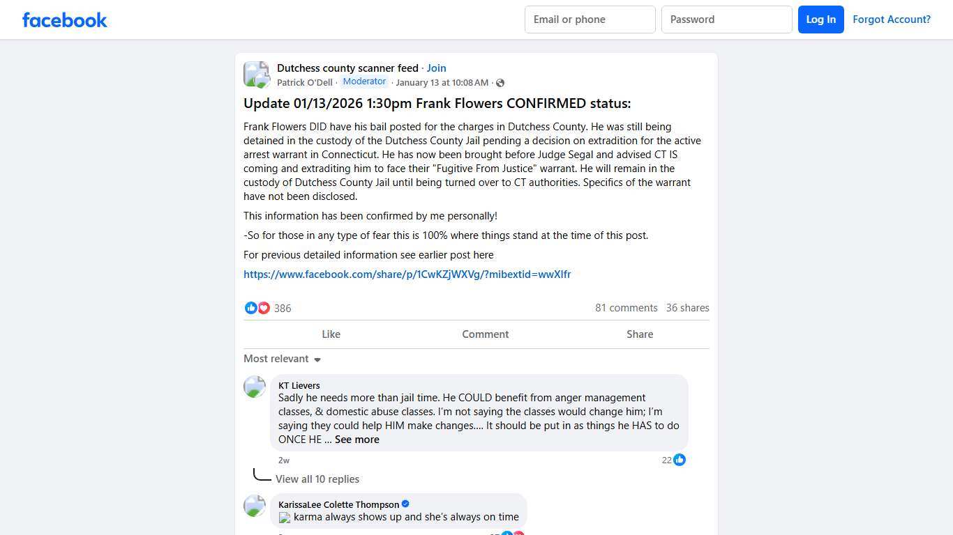 Dutchess county scanner feed Update 01/13/2026 1:30pm Frank Flowers CONFIRMED status: Facebook