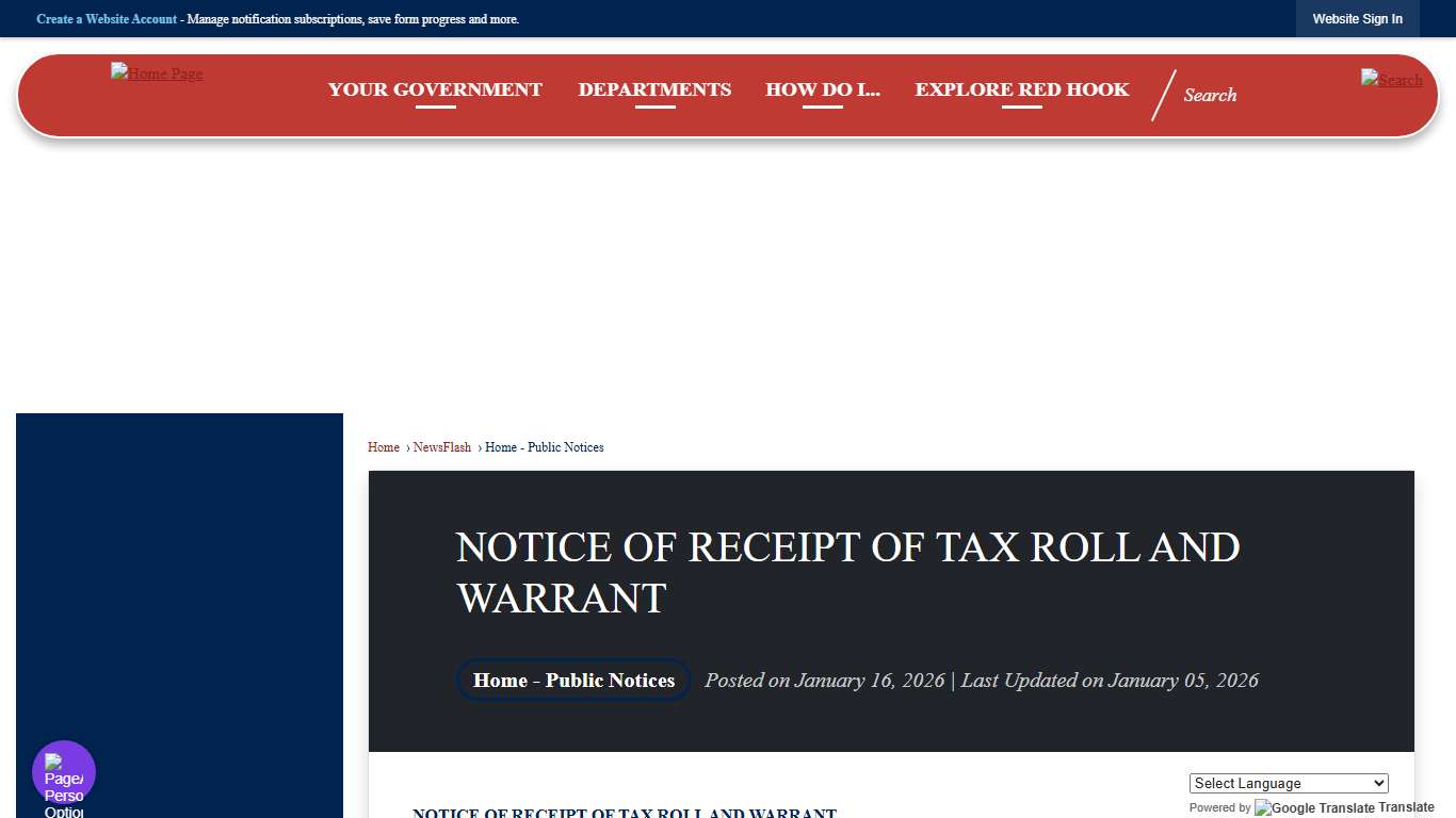 NOTICE OF RECEIPT OF TAX ROLL AND WARRANT • Red Hook, NY